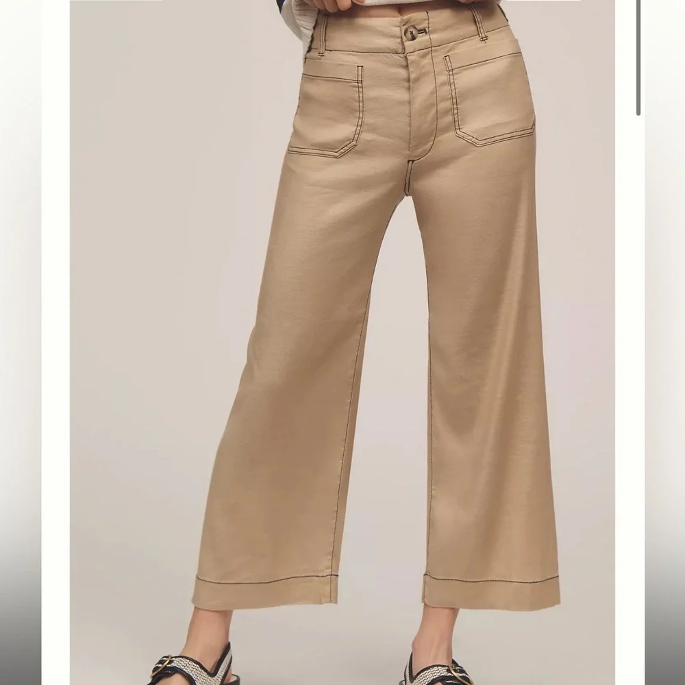 Anthropologie Maeve Colette Cropped Wide-Leg Pants Contrast-Stitch Linen Edition - Picture 2 of 5